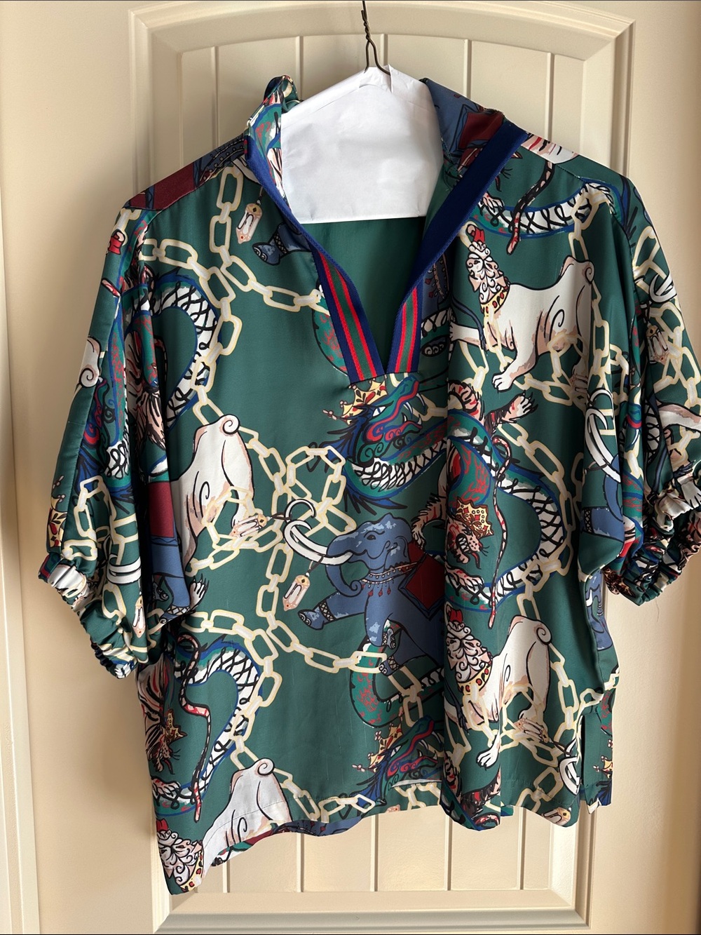 Emily McCarthy Green Printed Short-Sleeve Shirt with Chain & Animal Motif